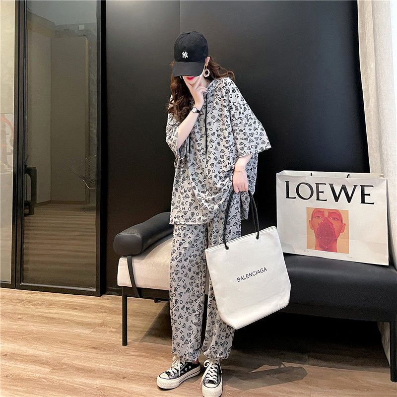 2025 summer casual fashion sports print hooded T-shirt trousers suit women loose tops and pants two-piece set trendy