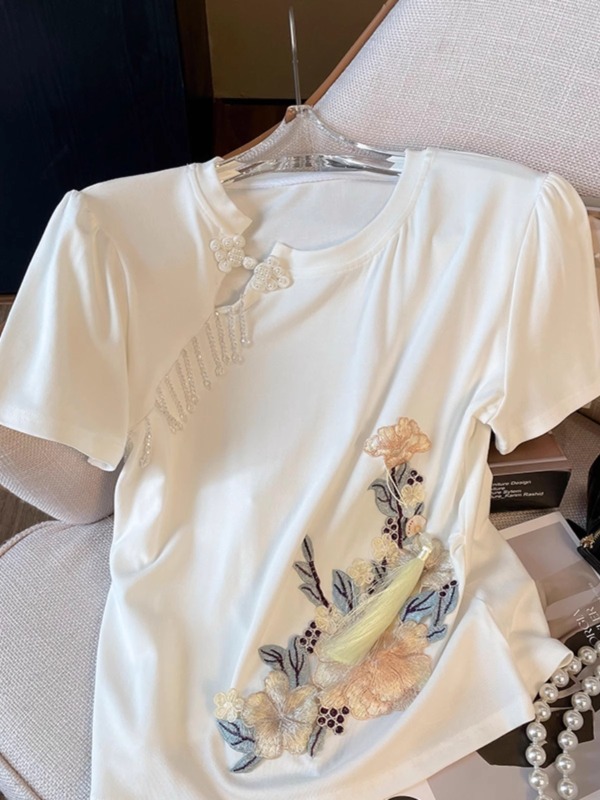 夏季新款盤扣中國風圓領短袖T恤女刺繡串珠別致時尚新中式上衣潮