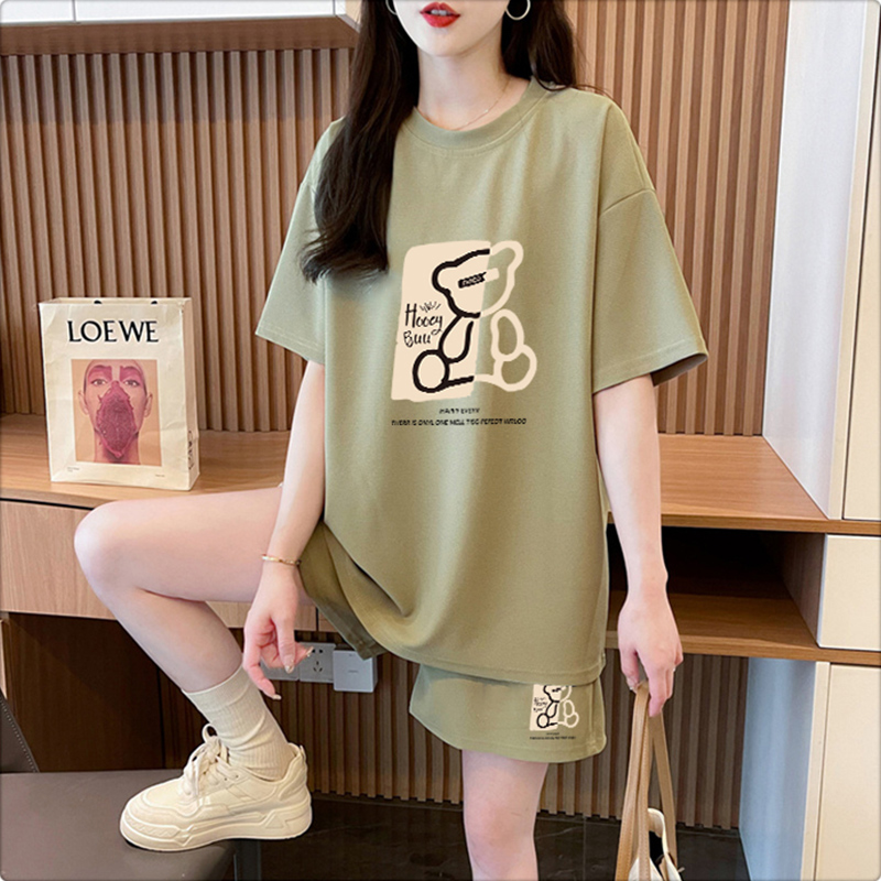 Pure cotton 21 200g 2025 summer casual sports short-sleeved T-shirt shorts for women two-piece set