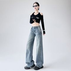 Real shot of 2025 spring Korean version of slim, loose, versatile straight and draped floor pants