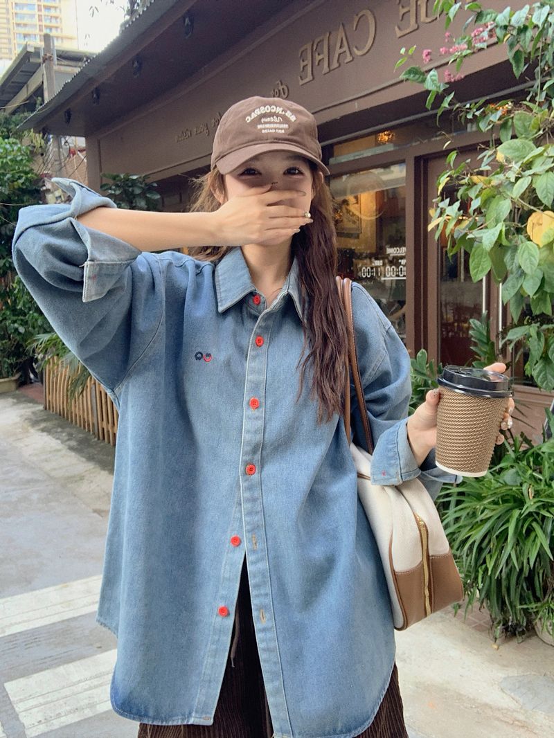 韓系做舊水洗藍牛仔長袖襯衫女秋季設計感百搭休閒Polo領上衣