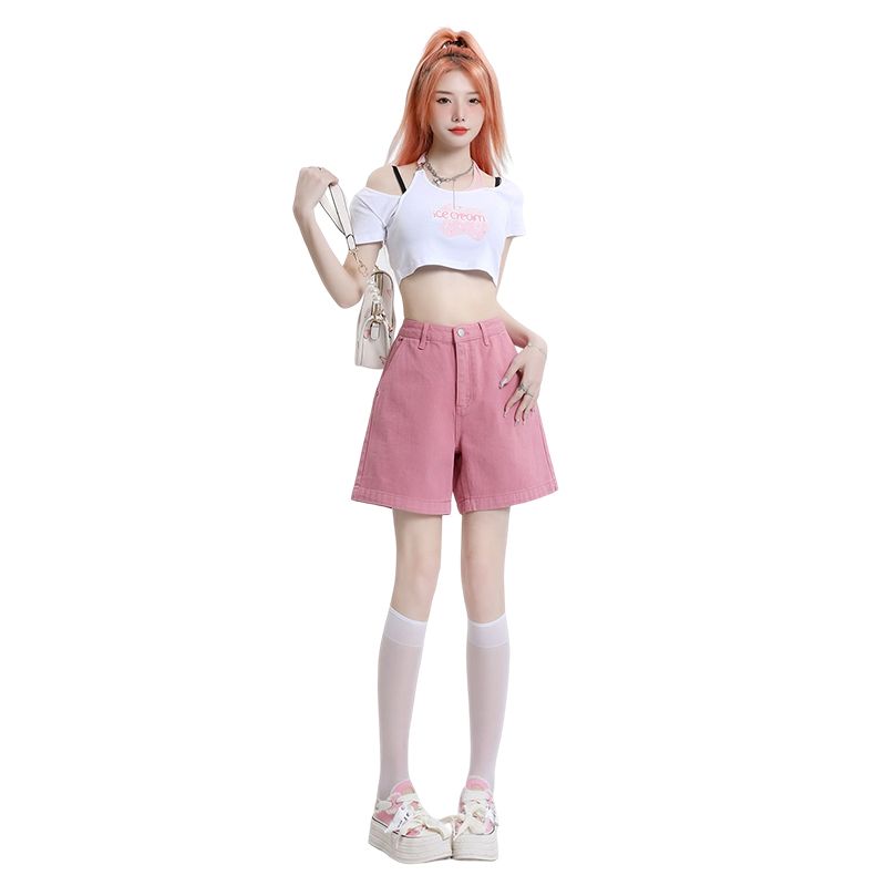Real shot 2025 denim shorts for women new high-waisted slimming and wide-leg pants