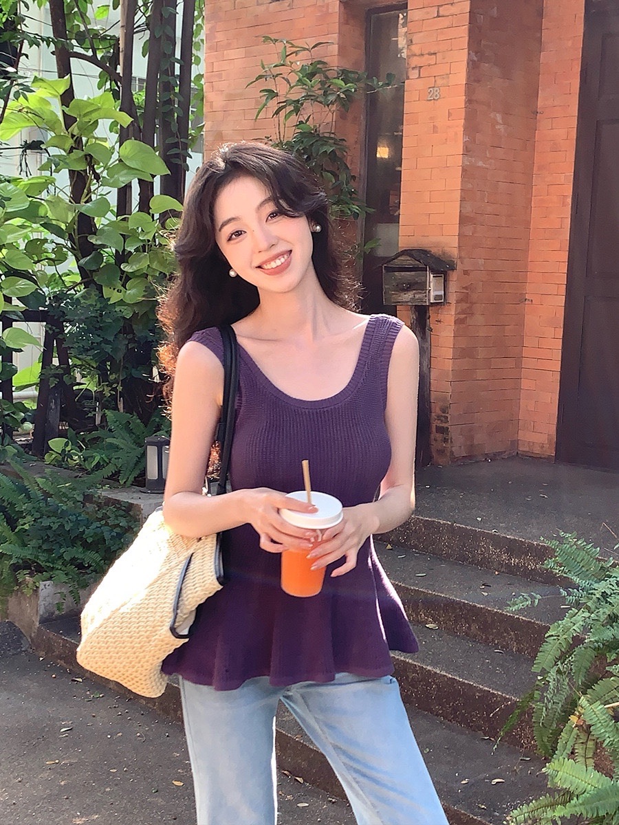 SE GENTLE SUN Xiu Xixi solid color versatile fishtail knitted suspender vest women's slim top