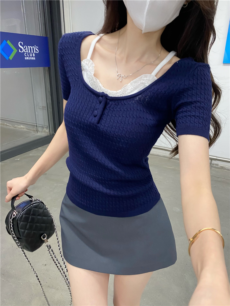 Real photo of fine linen flower pit strip short sleeve fake two-piece lace splicing T-shirt for women's scheming base shirt top