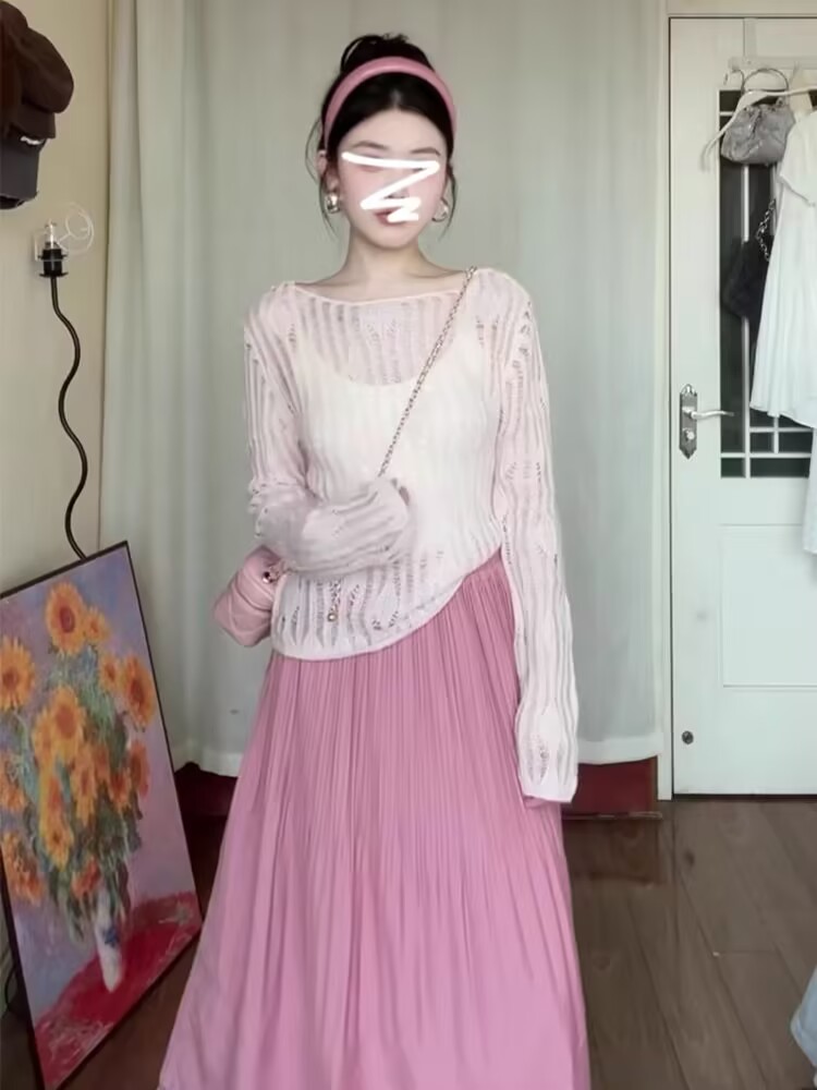 早春裝搭配一整套韓系穿搭溫柔風粉色鏤空毛衣套裝裙子女2025新款