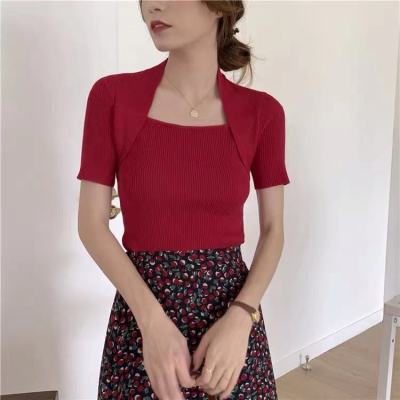 夏季港味方領高腰短袖針織打底衫毛衣女修身顯瘦百搭內搭上衣