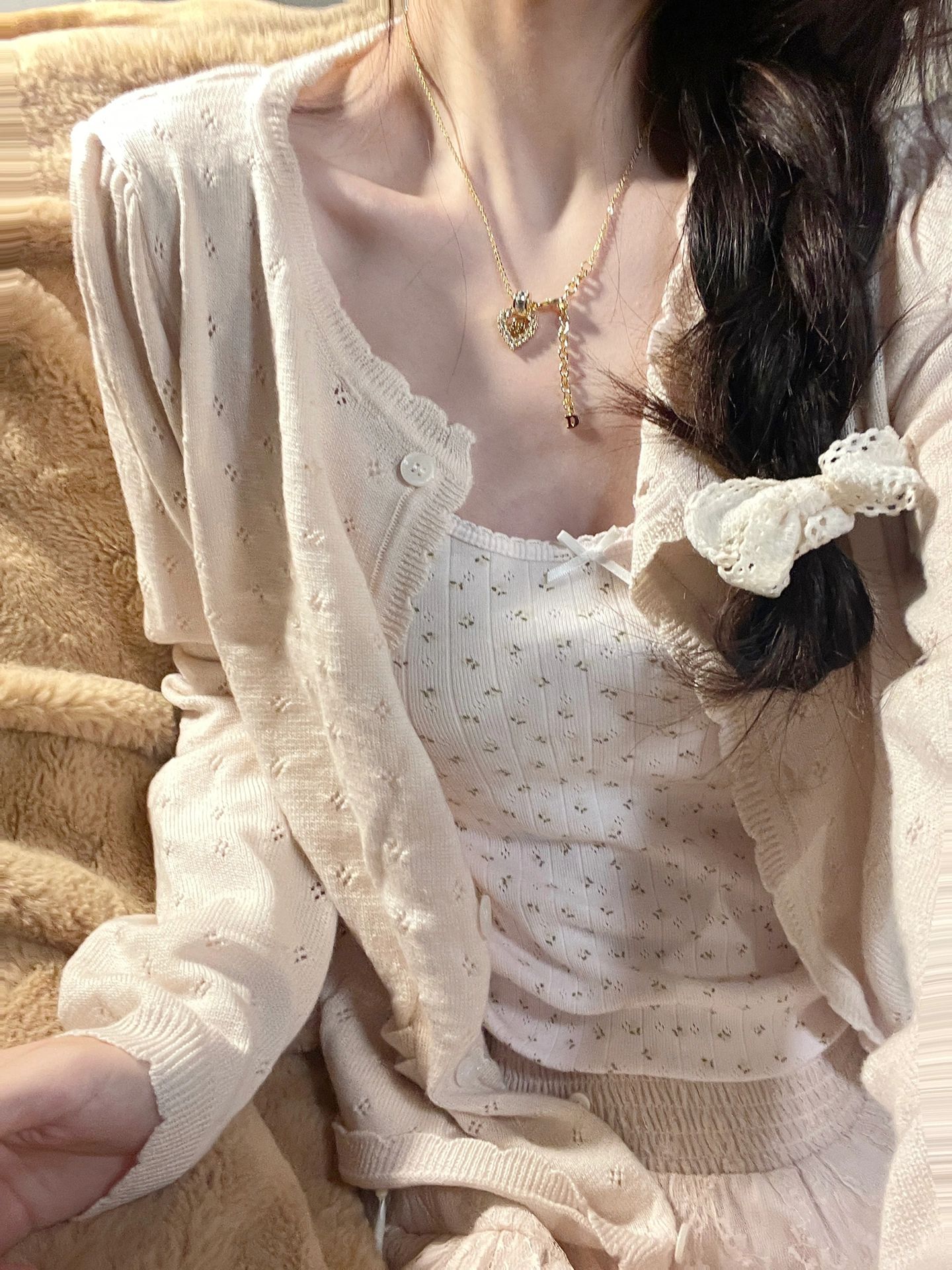薄款針織開衫女秋季韓系溫柔風甜美復古鏤空寬鬆顯瘦短款長袖上衣