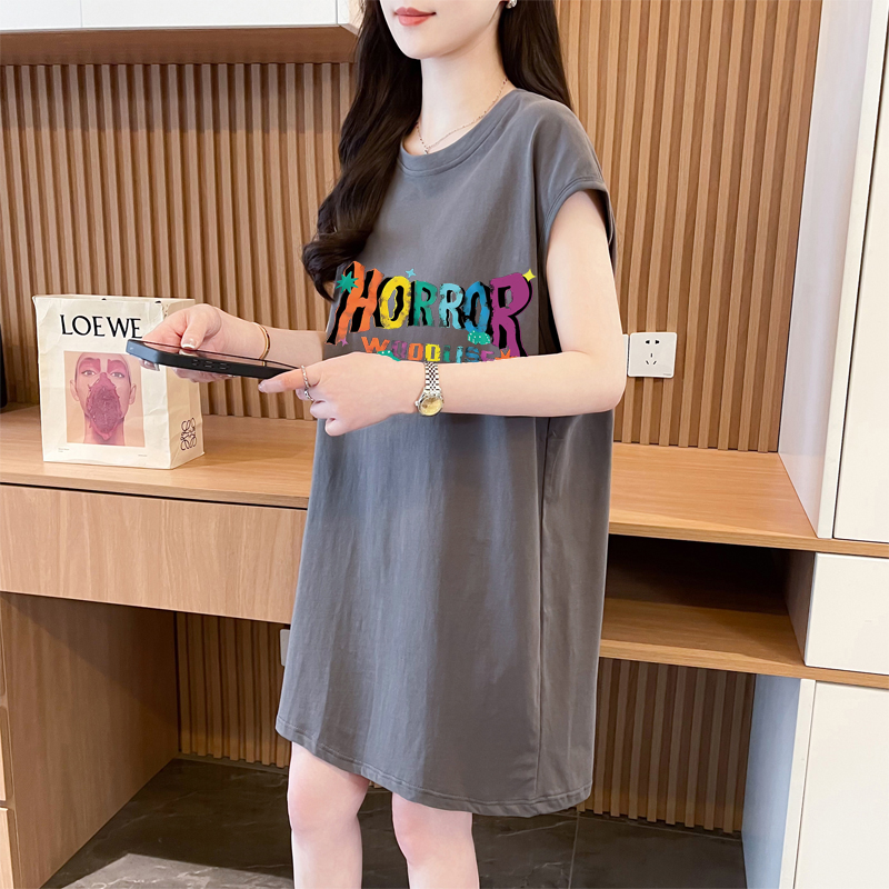 Real-life quality/pure cotton/rear collar/medium-length loose sleeveless T-shirt vest for women