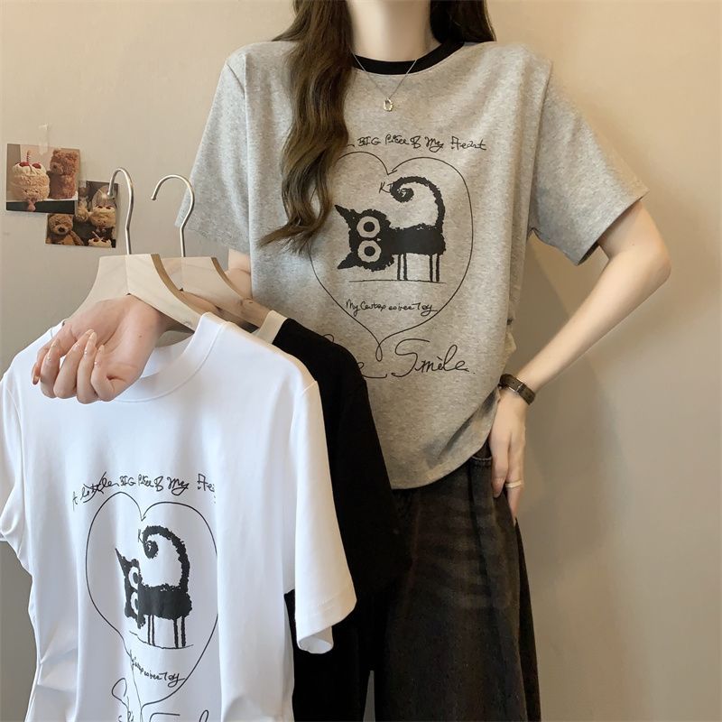 Real shot of side pleated waist short-sleeved T-shirt for women's Korean style versatile loose slim cotton top