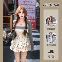 新款春季開衫甜辣碎花修身兩件套顯瘦溫柔氣質純欲套裝吊帶連衣裙