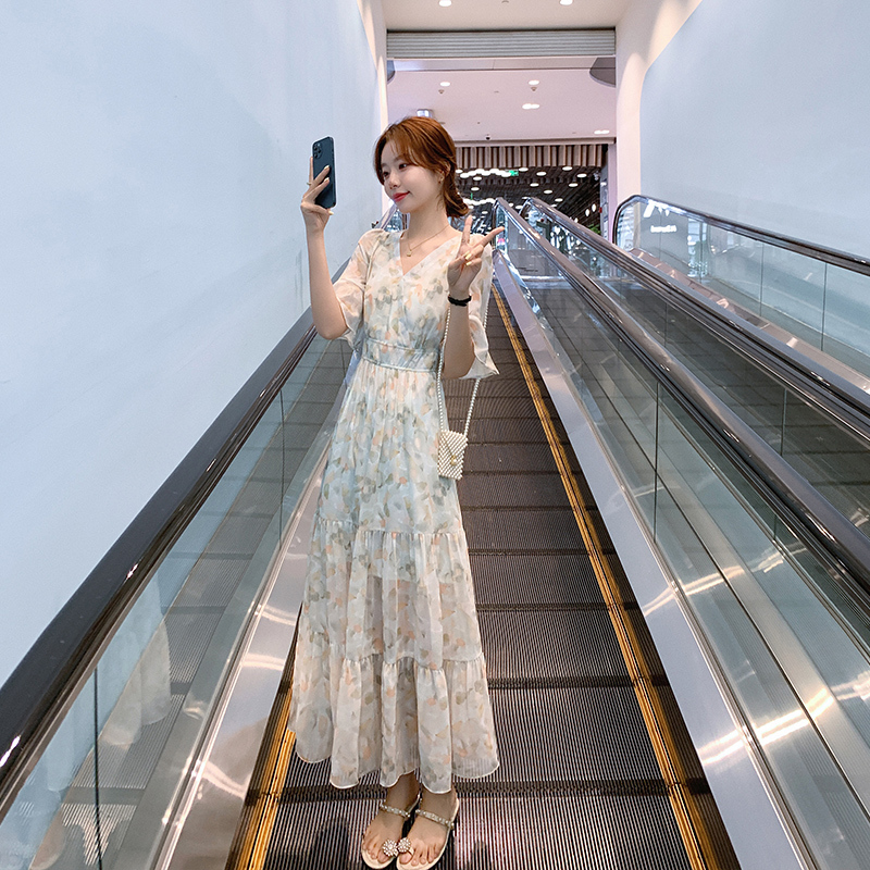 蛋糕裙碎花連衣裙2025夏裝新款顯瘦韓系法式高級感長裙過膝裙子女