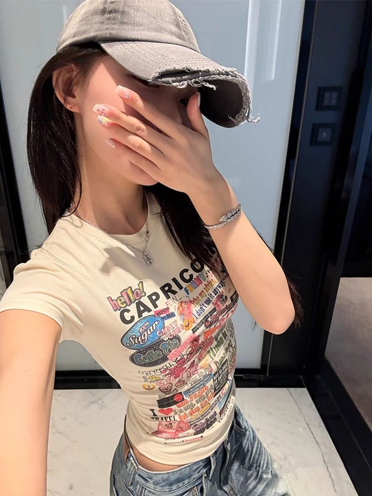 原版純棉面料 美式辣妹字母印花短袖T恤女夏季修身顯瘦短款上衣