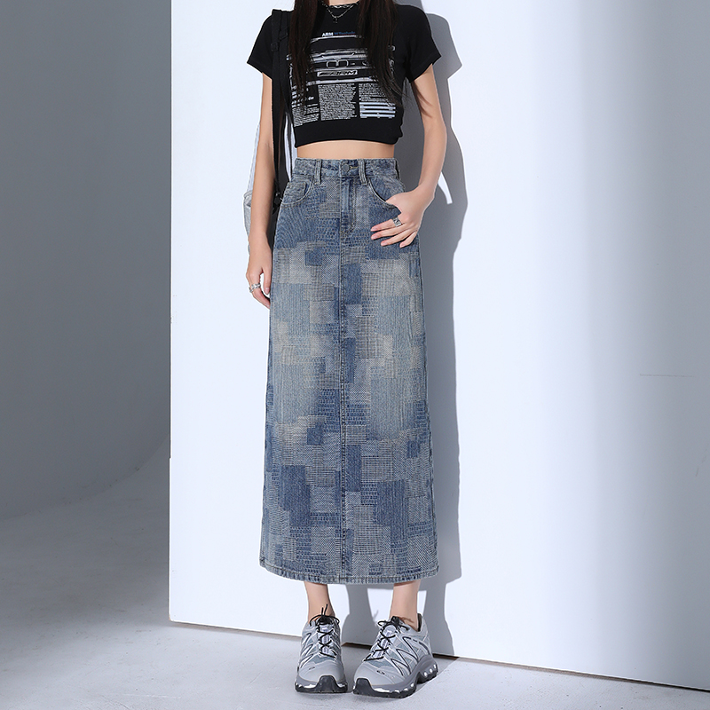 Grid texture high-waisted denim half skirt for women 2025 new mid-length split legging Skirt