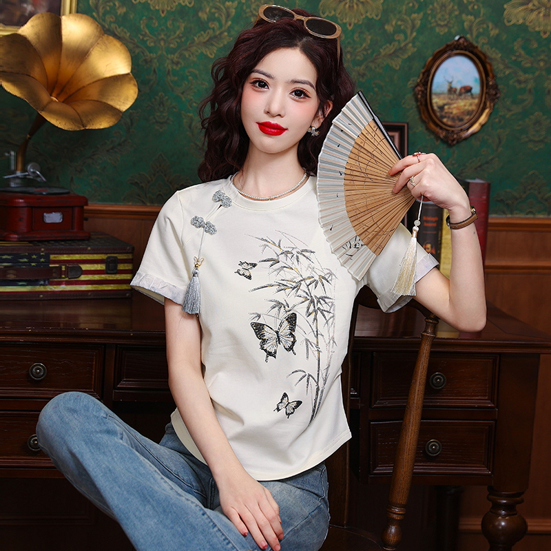 實拍中式國風墨竹盤扣短袖t恤女夏季2025年新款設計感短款上衣
