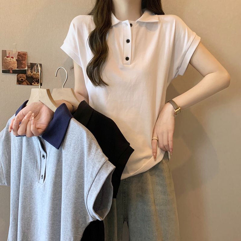 Real photo of pure cotton rib contrasting Polo shirt lapel short-sleeved T-shirt for women in summer slim fit and slim flying sleeves top trendy
