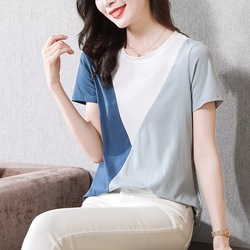 實拍簡約短袖T恤女2025年夏季新款時尚百搭拼接撞色顯瘦遮肉上衣