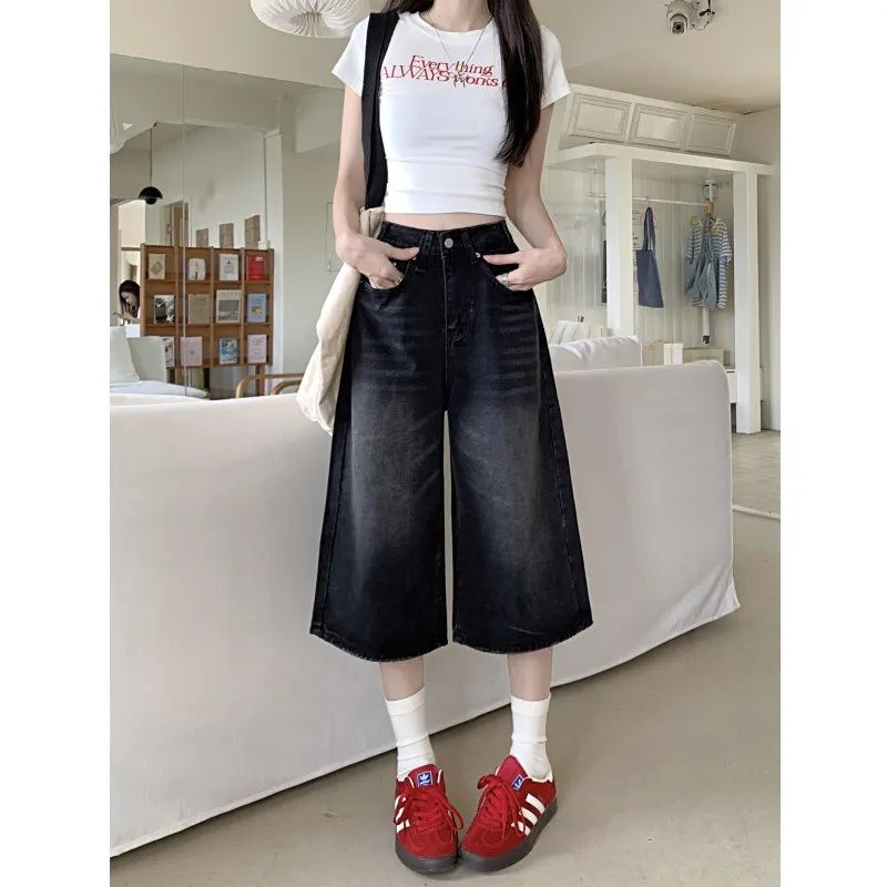Korean chic cropped pants denim shorts summer new retro high waist wash pants loose wide-leg mid-length trendy
