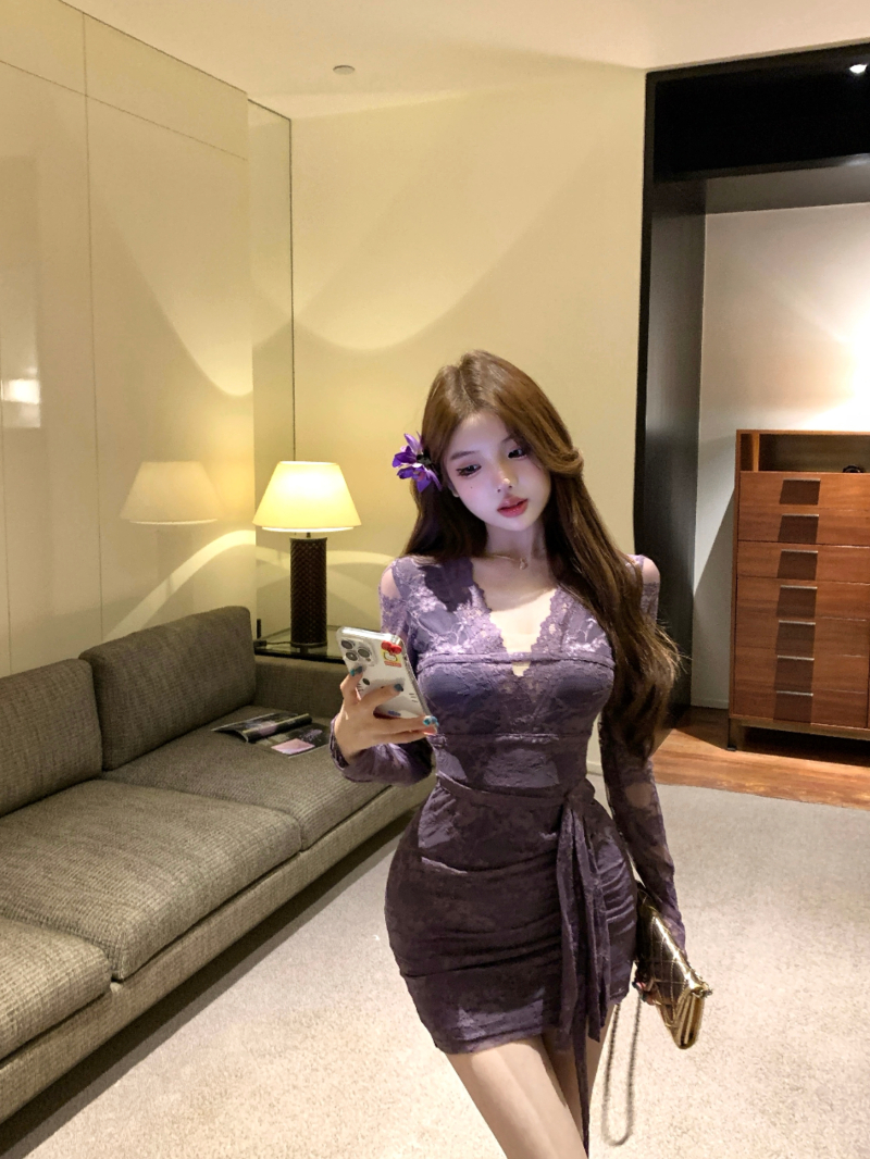 Real shot of purple temperament lace slim high waist temperament early spring socialite dress