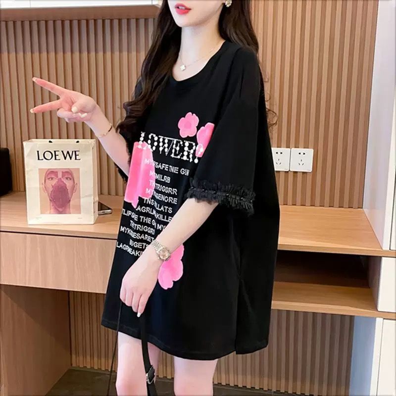 Official picture quality/rear collar/loose mid-length lace splicing fashion top