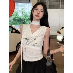 官圖 彩棉羅紋印花盪領純欲性感無袖掛脖吊帶小背心