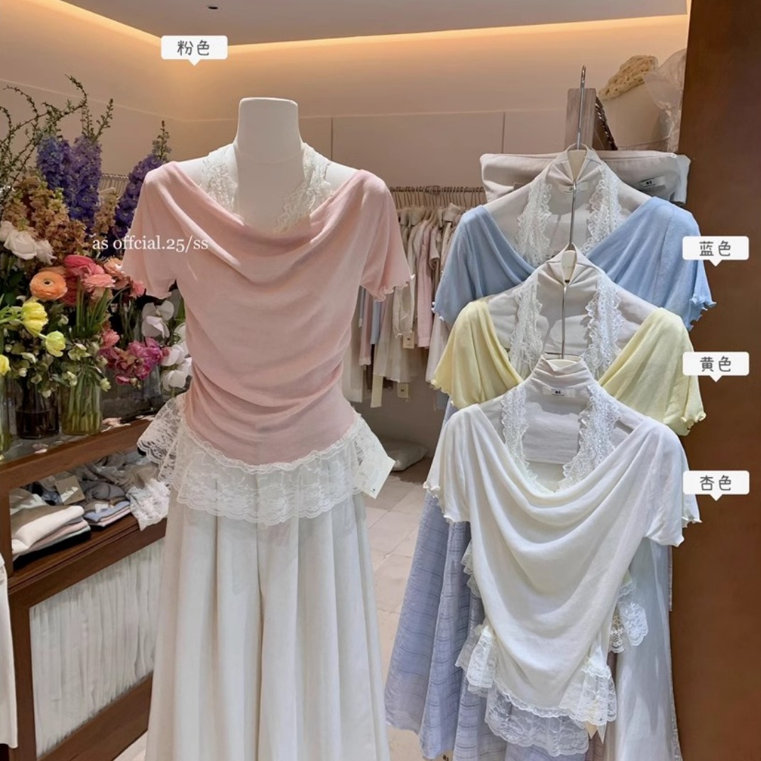 韓系甜美蕾絲拼接短袖針織女2025夏季新款假兩件修身顯瘦百搭上衣