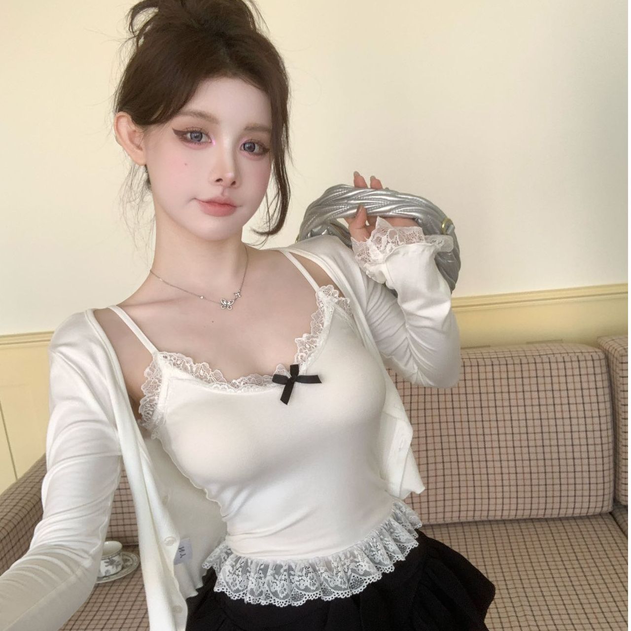 純欲甜辣妹美背上衣女帶胸墊蕾絲打底衫內搭小吊帶