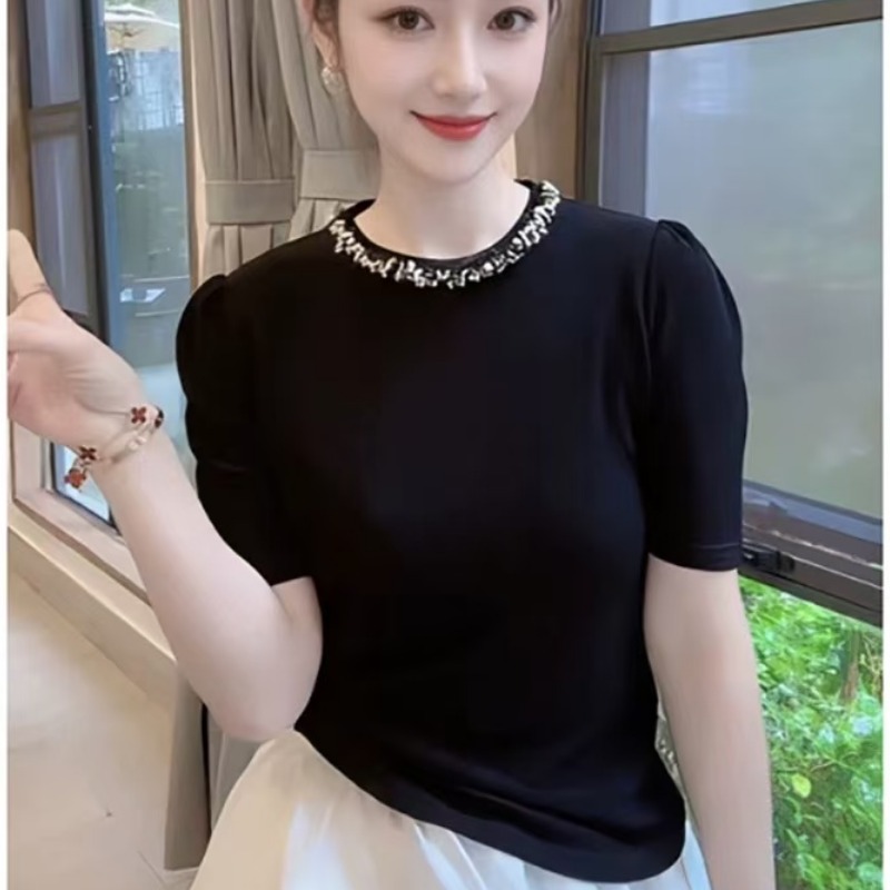 羅芬面料故事旗艦店時尚洋氣重工領口釘珠泡泡袖短袖針織衫女