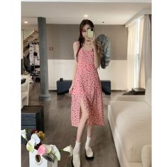 法式甜美小碎花系帶V領吊帶連衣裙女夏季2025新款中長款開叉裙子