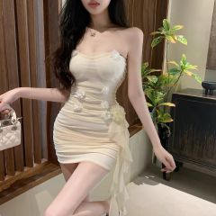 設計感海邊度假網紗小個子流蘇飄逸花朵短裙純欲褶皺收腰連衣裙子