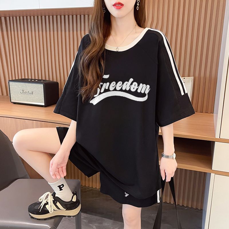 Real photo of pure cotton 2025 summer casual sports short-sleeved T-shirt shorts suit women's two-piece set