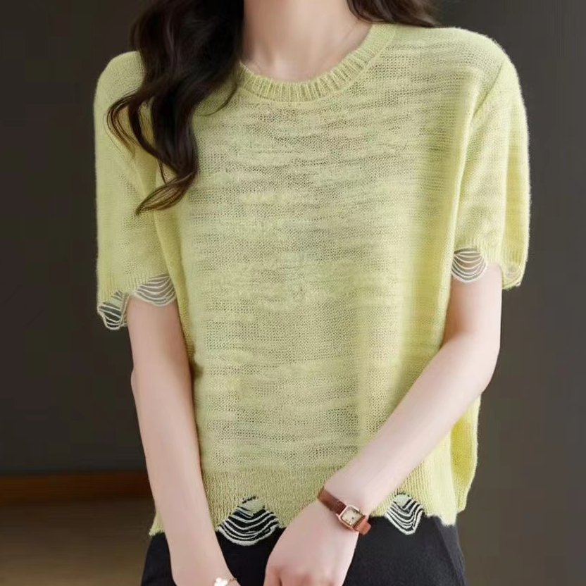 2025 summer new Korean version versatile and fashionable round neck, micro-transparent circle ripped edge short-sleeved sweater top for women
