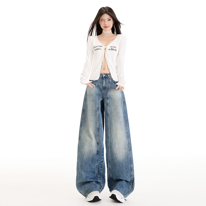 Real shot of 2025 spring Korean version of slim, loose, versatile straight and draped floor pants