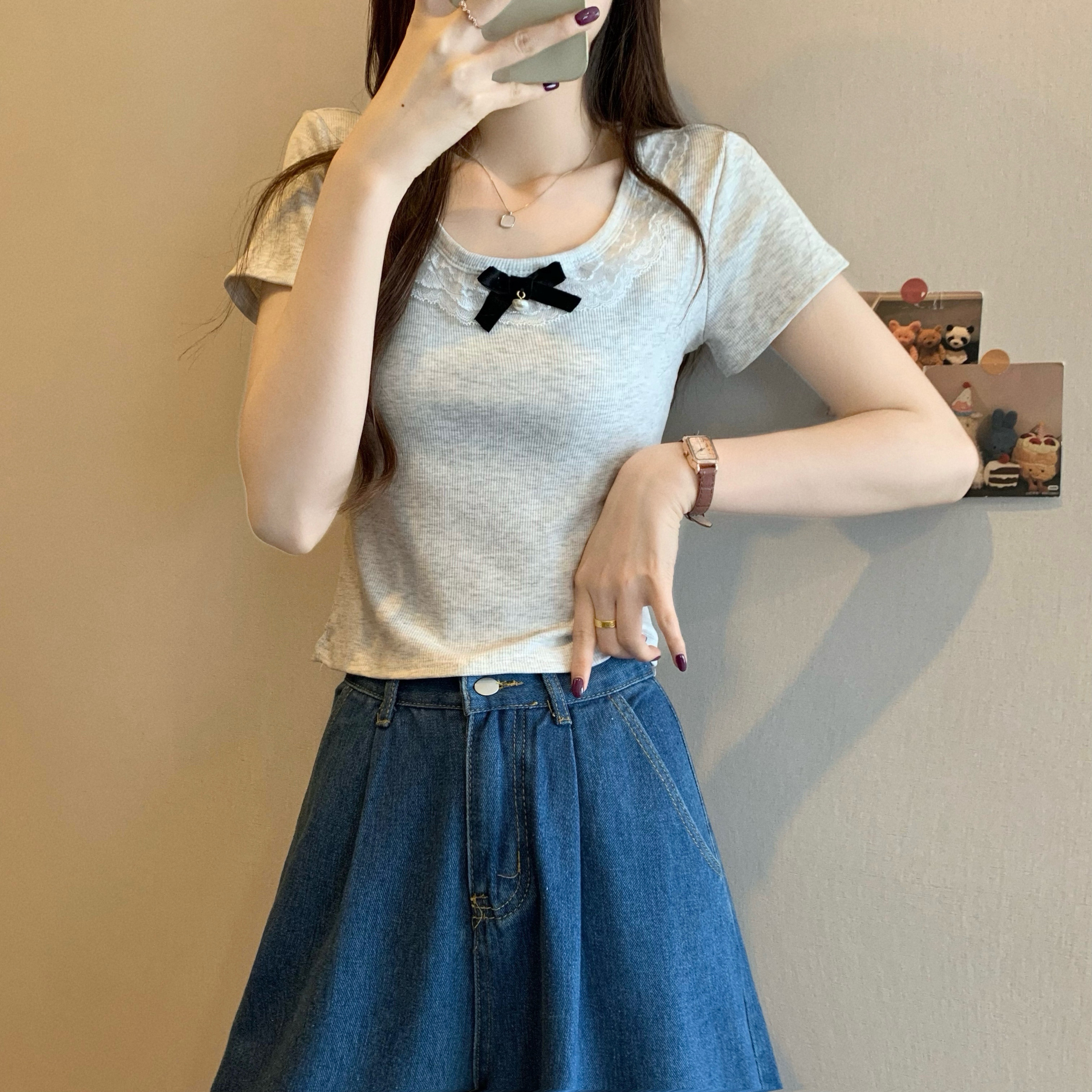 Real shot of the new Korean style design bow lace spliced ​​short-sleeved T-shirt