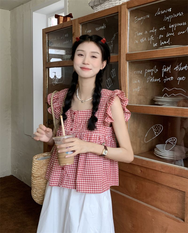 法式格子小飛袖襯衫女新款設計感小眾襯衣寬鬆小個子短款