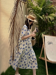 Women's Blue Floral Print Dress 2025 Summer New Slimming Elegant Long Dress with Bubble Sleeve