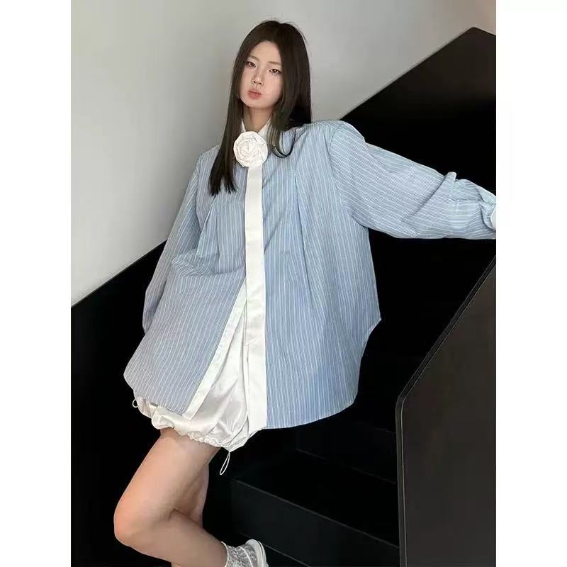 Blue striped shirt for women in early spring splicing loose slimming shirt sun protection jacket Hong Kong style retro chic top
