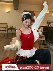 設計感芭蕾風拼接針織花邊吊帶背心可外穿上衣