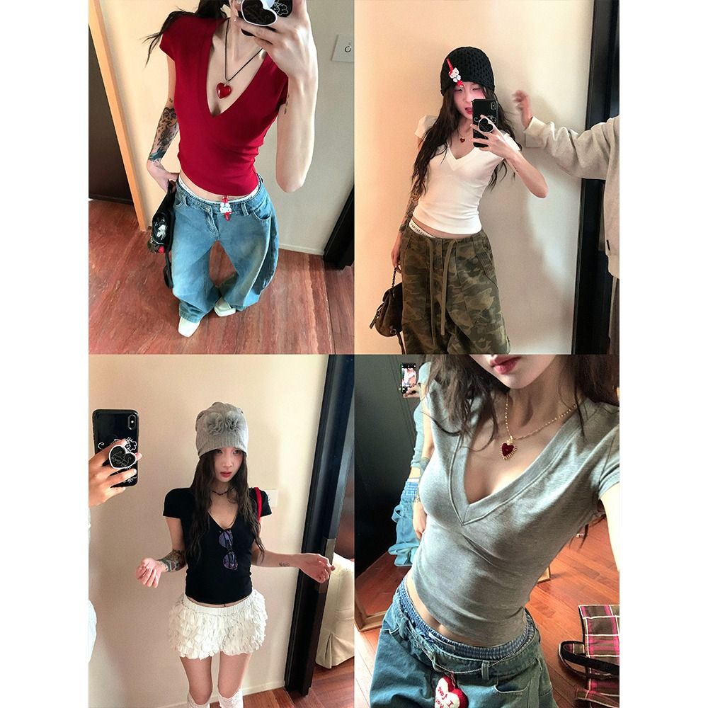 人棉 260克灰色v領正肩短袖T恤女夏季打底衫修身短款辣妹上衣