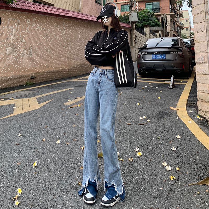 Real shot of 2025 spring American high waist narrow version burr ripped straight jeans women's contrasting color cigarette jeans