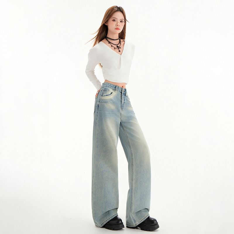 Real shot of 2025 spring Korean version of slim, loose, versatile straight and draped floor pants