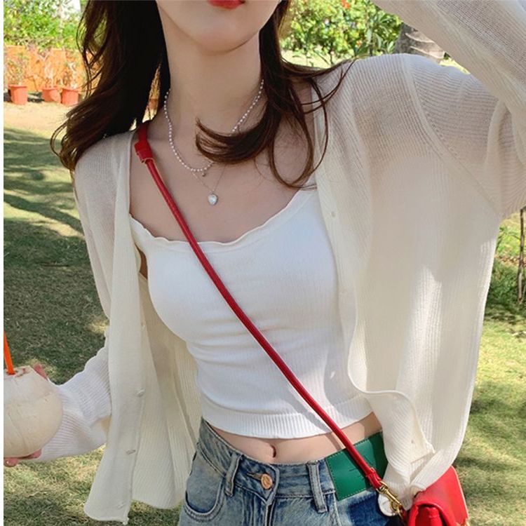 防曬開衫薄款女配吊帶裙子外搭罩衫夏披肩法冰絲薄紗外套