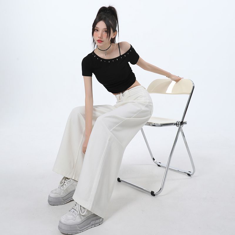 Real shot of 2025 spring and summer pear-shaped body loose straight floor pants