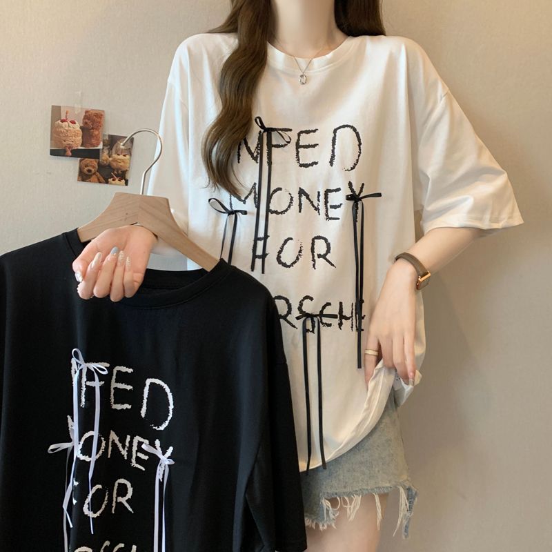 Real-life pure cotton simple letter printed short-sleeved T-shirt new fashionable loose versatile bow chic top