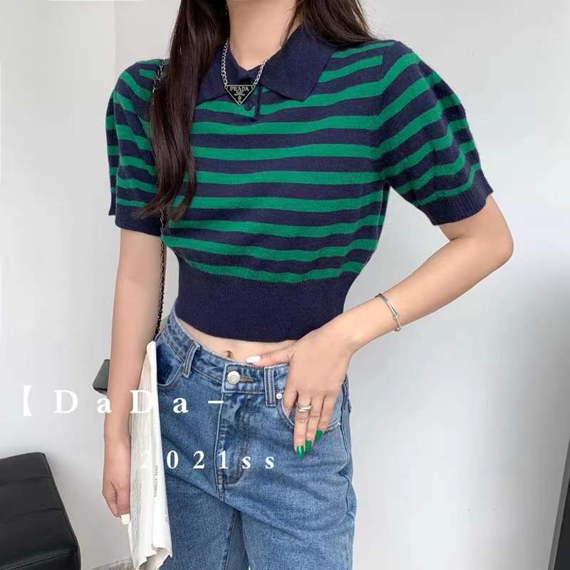 夏天polo領復古條紋針織短袖T恤女裝超短款打底衫高腰上衣