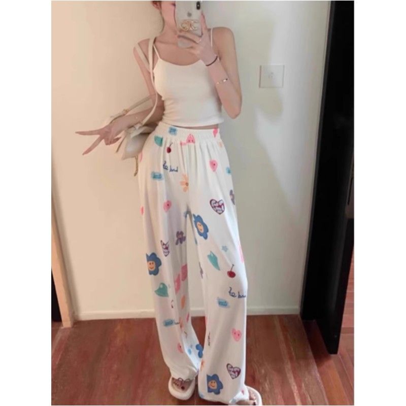 White wide-leg pants for women, summer thin lazy ice silk cartoon casual home sleep pants, cool sun protection pants for spring and autumn