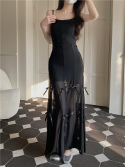 Real shot French sweet girl style bow suspender dress women's spring slim fit slim A-line skirt short skirt