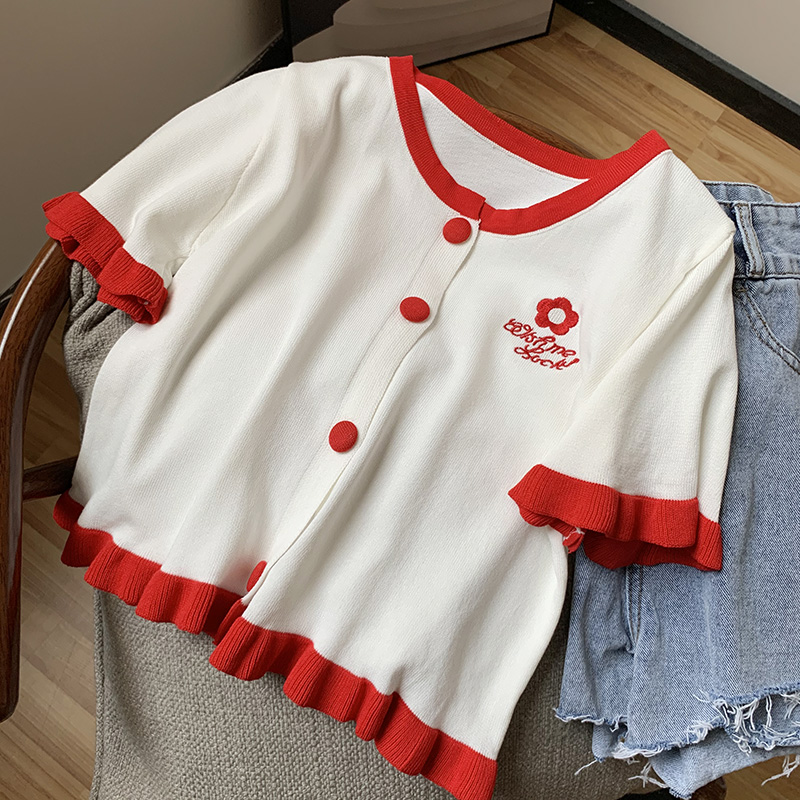 韓版夏季新款刺繡紫色短袖針織開衫上衣女