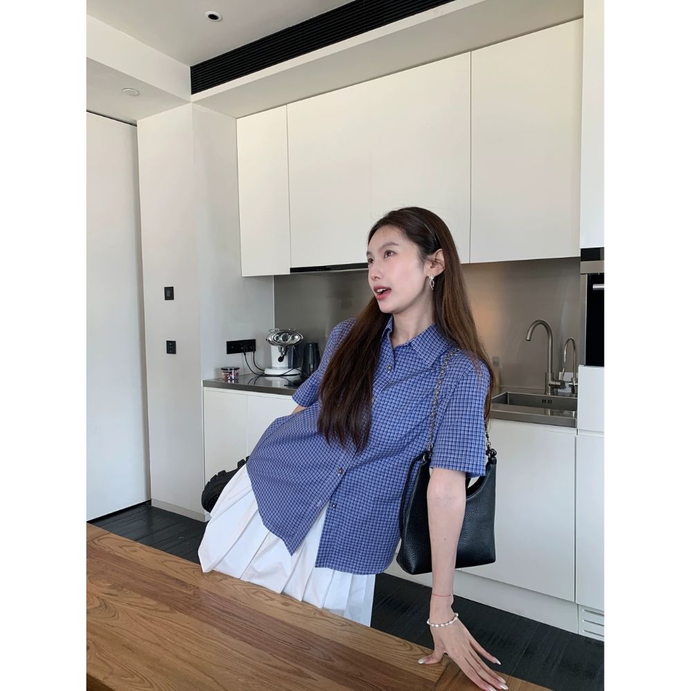 時髦知識分子'短袖上衣女夏季新款法式甜美寬鬆顯瘦藍色格紋襯衫
