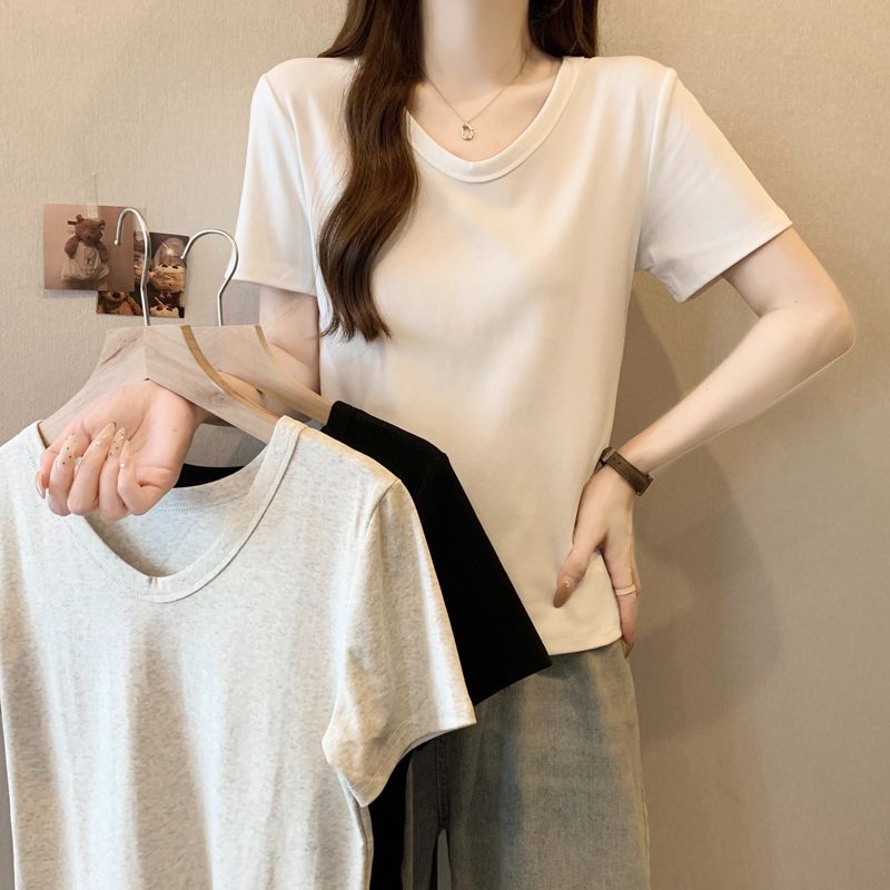 Real-life V-neck T-shirt for women's short-sleeved new slim fit and slim inner tress with pure cotton shoulder bottoming half-sleeved top