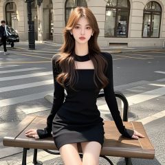 高冷御姐風方領掛脖長袖連衣裙女小眾別致設計感收腰顯瘦包臀短裙